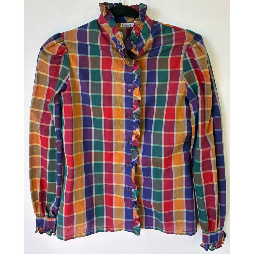 Present Co Plaid Ruffle Blouse Vintage‎ Womens 5/6 Multi Color Excellent